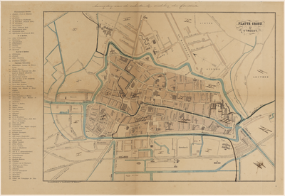 217399 Plattegrond van de stad Utrecht, met aanduiding in inkt van de verloskundige verdeling van de gemeente.